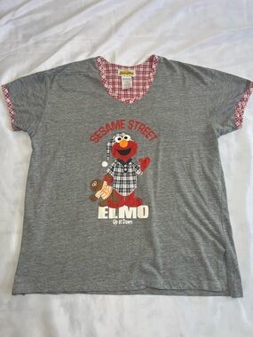 Vintage Sesame Street Elmo Gray Sleep Tee with Red Plaid Trim Womens Medium